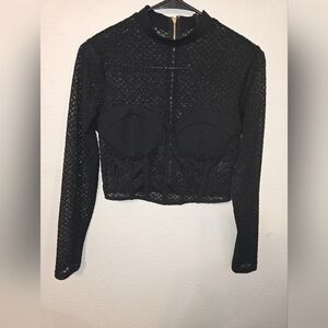 Privy Black Lace Long Sleeve Blouse With Back Zipper Size Medium